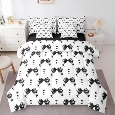 Imagem de Erosebridal Jogo de cama solteiro com laço preto para meninas, 7 peças | Jogo de edredom fofo com laço e laço fofo com lençol de cima, lençol de cima, kawaii com laço preppy