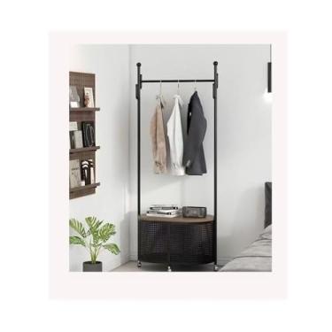 Imagem de Cabide independente para casaco de chão estilo vintage independente com cesto de roupa de vime removível - Suporte de chapéu para roupas de quarto para armazenamento retrô e suporte de manto alto para