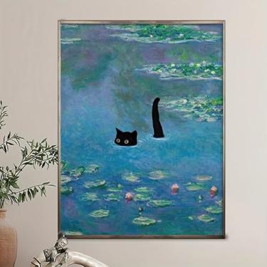 Imagem de 1 pôster em tela, famoso floral engraçado gato preto vintage lírios de água arte de parede arte de parede flores paisagens impressões. (Observação: sem moldura), 30 x 45 cm