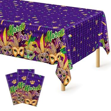 Imagem de 3 peças de decorações de carnaval, toalha de mesa retangular de carnaval de 137 x 272 cm, capa de mesa roxa de plástico com design de máscara de baile de máscaras, capa de mesa Fat Tuesday para