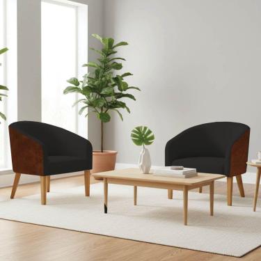 Imagem de Poltrona Sala Decorativa Kit 2 Stella Pé Madeira Trapézio Castanho Sintético Pu D03 - D'rossi Nozes-linho Preto