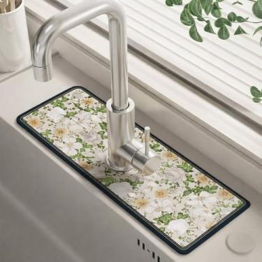 Imagem de Tapete absorvente de torneira de pia de diatomita de 14,96 × 5,109 cm, tapete de secagem reutilizável protetor de respingos para balcão de cozinha, banheiro, coletor e organizador de gotejamento de