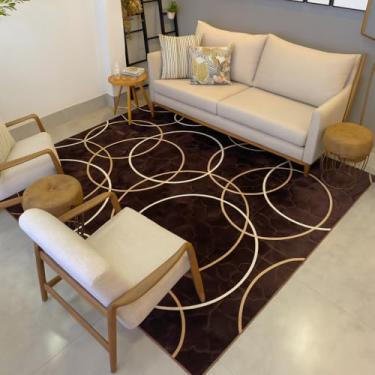 Imagem de Tapete Sala Aveludado Pelo Baixo Geométrico Antialérgico Lavável Tapete Grande Moderno 200x140(Pelo Baixo Marrom)