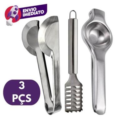 Imagem de Kit Escamador Descamador Peixe Aço Inox Espremedor Amassador Limão Peg