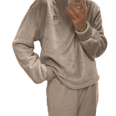 Imagem de HHHJQFAAT Pijamas femininos de inverno pijamas de flanela gola redonda manga comprida pijama pijama (cinza XX)