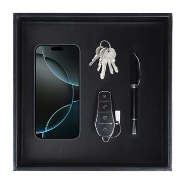 Imagem de HofferRuffer Bandeja de couro sintético, organizador de armazenamento de mesa elegante, organizador decorativo para perfume, manobrista de banheiro, mesa de cabeceira ou cômoda, 25 x 25 x 4,6 cm