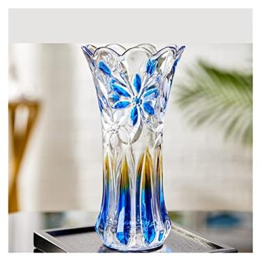 Imagem de Vaso de flores, arranjo de flores para sala de estar, vidro transparente de flores secas, decoração de casa estilo chinês (azul, 30 cm)