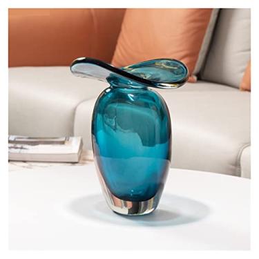 Imagem de Vaso de vidro azul moderno criativo e simples, decoração de sala de estar, arranjo de flores, centro de mesa moderno para vaso de flores secas (grande)