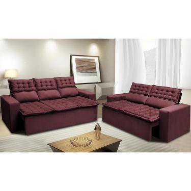 Imagem de Conjunto De Sofá 3 E 2 Lugares Retrátil E Reclinável Cama Inbox Slim 2,00x1,50m Velusoft Vinho