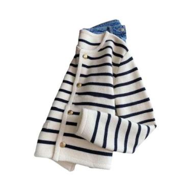 Imagem de Cardigã Feminino De Tricô Com Listras, Gola O, Manga Longa, Cropped, C