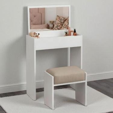 Imagem de Penteadeira Com Espelho E Banqueta Estofada Branca Quarto - Drop de Ca