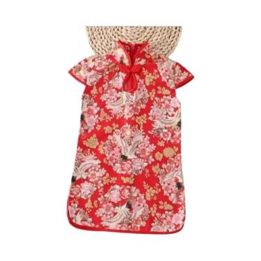 Imagem de Vestido Qipao Vermelho Para Meninas, Vestido De Verão Retro Clássico C