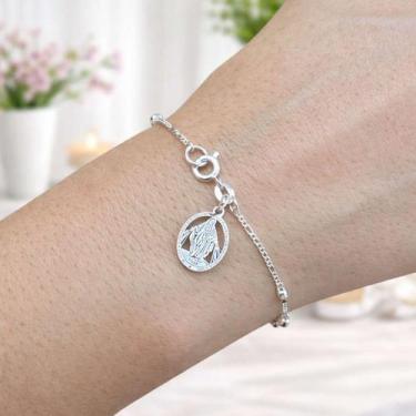 Imagem de Pulseira Bolinha com Pingente Nossa Senhora Graças Prata 925 Legítima 