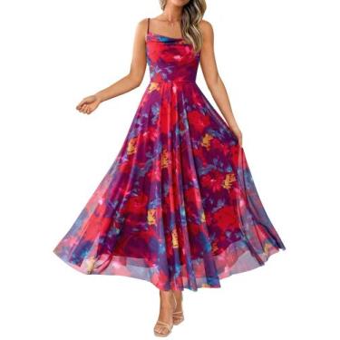 Imagem de Vestido feminino BTFBM floral azul-marinho e vermelho, maxi, alças fin