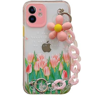 Imagem de Capa de telefone com corda de mão em flor rosa fofa para iPhone 12 13 11 Pro Max 7 8 Plus X XR XS Max Pulseira de flores rosa com capa macia transparente, DS176,4, For, iPhone7Plus