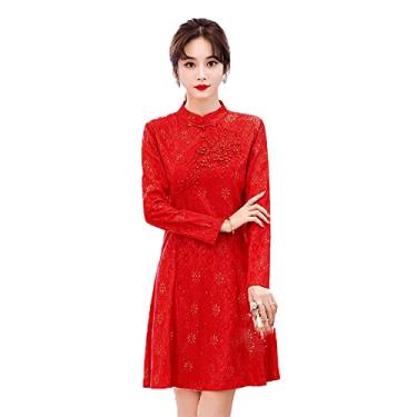 Imagem de Yajun Cheongsam de renda Vestido feminino estilo chinês qipao verão manga longa retrô solta para banquete de carnaval ano novo, vermelho, M (busto: 90cm)