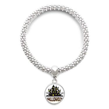 Imagem de DIYthinker Pulseira de prata com pingente de castelo de terror Happy Halloween com corrente ajustável