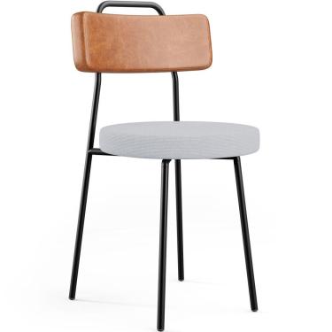Imagem de Cadeira Decorativa Estofada Para Sala De Jantar Barcelona L02 Couríssimo Camel Linho Cinza - Lyam