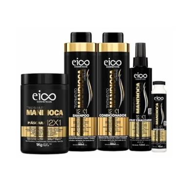 Imagem de Eico Mandioca Shampoo 800ml e Condicionador 750ml + Máscara Hidratação 1Kg + Spray Proteção Térmica Leave-In 120ml + Megadose Creme 45ml
