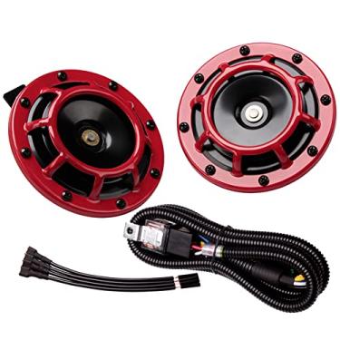Imagem de FARBIN Buzinas de carro 12 V alto tom alto / tom baixo metal duplo kit com chicote de relé, buzinas de trem universais para caminhão carro motocicleta (buzina vermelha com chicote de fiação)