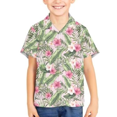 Imagem de Camisetas havaianas com botões de botão para verão unissex infantil manga curta camisa social 3-16 anos Tropical Aloha Shirts, Flor tropical, 13-14 Years