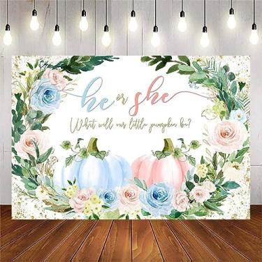 Imagem de Avezano Pano de fundo de revelação de gênero Little Pumpkin 2,4 x 1,8 m He or She Little Pumpkin Decoração de festa de revelação de gênero outono outono azul ou rosa floral abóbora revelação de gênero foto suprimentos de fundo