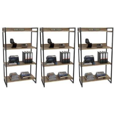 Imagem de Kit 3 Estantes Livreiro Multiuso Prisma Estilo Industrial 80cm 4 Prateleiras C08 Carvalho