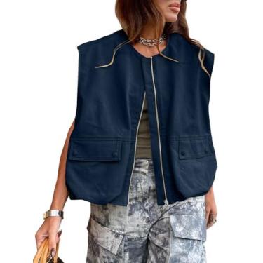 Imagem de PAODIKUAI Blazer feminino casual com zíper e bainha franzida, leve, sem mangas, jaqueta grande com bolsos, Azul marinho, G