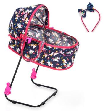 Imagem de Berço de Boneca Veneza 2 em 1 Bebê Conforto Unicórnio Azul com Tiara