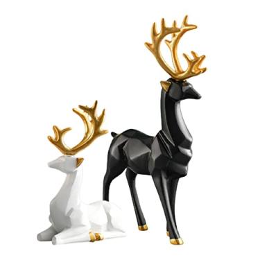 Imagem de Fenteer 2X estátuas de rena estátuas de amante de cervos arte alce casal estátua resina amante de veados escultura para escritório em casa mesa estante decoração interna, preto P