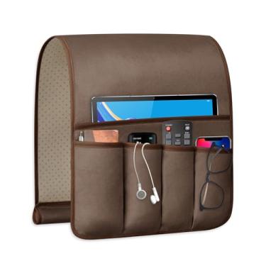 Imagem de WETRBWEH Suporte de controle remoto para poltrona, organizador de sofá para TV, suporte remoto para armazenamento de cama, 5 bolsos, organizador de cabeceira (marrom, 89 x 31,5 cm)