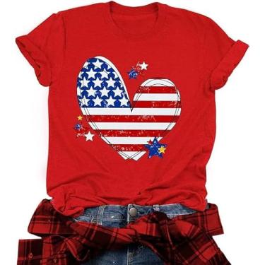 Imagem de Camiseta feminina 4th of July American Independent Day Carnaval, bandeira dos EUA, listras e coração, camiseta gráfica, Vermelho, GG