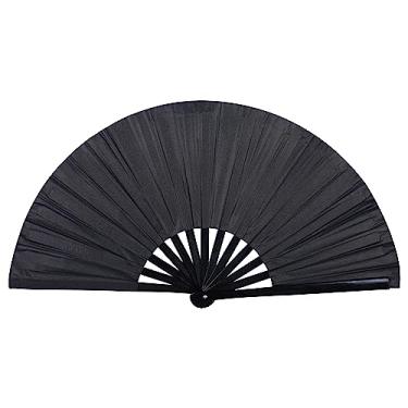 Imagem de Gionforsy 2 peças de ventilador de mão rave ventilador de mão de bambu grande ventilador dobrável com ventilador dobrável de tecido de cor brilhante para festival (1 peça preta)