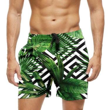 Imagem de Short Praia Shorts Banho Bermuda Verão Xadrez Plantas Verde Natureza 6