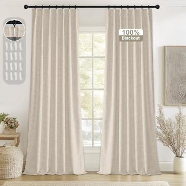 Imagem de StangH Cortinas plissadas 100% blackout com 244 cm de comprimento, cortinas com isolamento térmico texturizado de linho com ganchos painéis de janela à prova de som para quarto e sala de estar, L 100