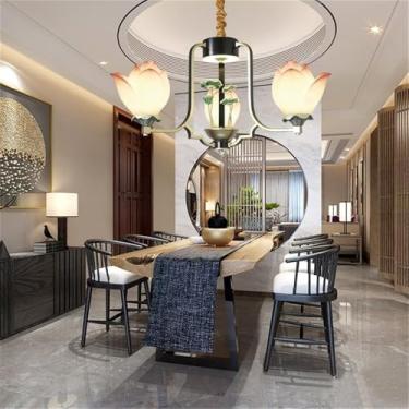 Imagem de OUFULA Luminária pendente de lótus contemporânea chinesa retrô criatividade sala de estar restaurante quarto villa hotel balcão decoração led lustre (C 3 lights)