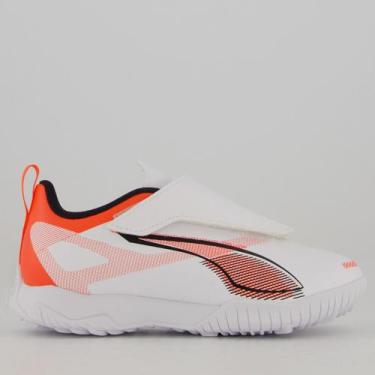 Imagem de Chuteira Puma Ultra 5 Play V TT Society Infantil Branca e Laranja, 28