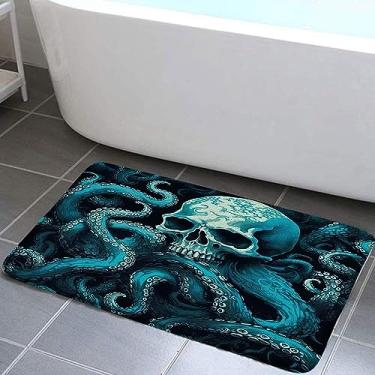 Imagem de EUBTPA Tapete de banho de caveira polvo vintage crânio polvo tentáculo Kraken azul petróleo vida marinha terror gótico Halloween tema capacho criativo microfibra espuma memória tapetes de banheiro