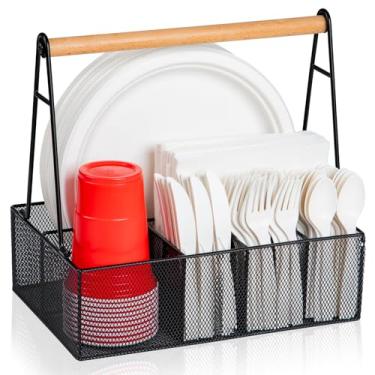 Imagem de Organizador de pratos de papel com alça para bancada, suporte de talheres de metal para prato, copo, guardanapo, garfo e colher, suporte de prato de papel e utensílios, suporte de talheres para festa,