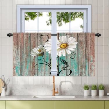 Imagem de Renaiss Cortinas de 66 x 91 cm azul-petróleo para casa de fazenda, margarida, flores de madeira, pequenas janelas, para decoração de café, cozinha, banheiro, prancha desbotada, cortinas rústicas,