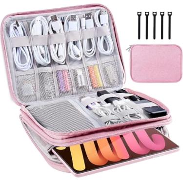 Imagem de CNPOP Estojo de viagem organizador eletrônico, bolsa de cabo de viagem, resistente à água, bolsa de camada dupla para cabos, cabos, iPad Mini, presente para mulheres, nylon, rosa, 24 x 25 x 2,5 cm,