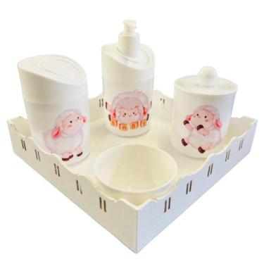 Imagem de Kit Higiene Baby Ovelhinha Menina c/bandeja MDF - 5 Peças - Dóia Kids,