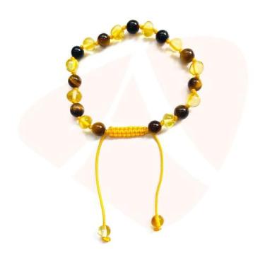 Imagem de Pulseira shambala de âmbar adulto limão e olho de tigre polido ajustáv