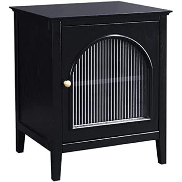 Imagem de Mesa de cabeceira inteligente, armário de cabeceira com gavetas de madeira maciça branca clara, mesa de cabeceira moderna simples preta com porta, armário de armazenamento de mesa lateral nórdica