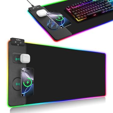 Imagem de Mouse pad de carregamento sem fio, mousepad para jogos RGB, tapete de mesa extra grande de 80 x 30 cm, 13 modos de luz, superfície ultra-suave, base antiderrapante, teclado de computador à prova