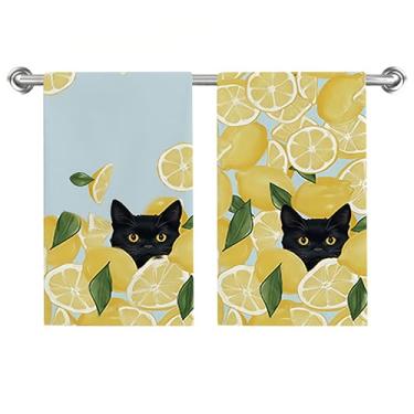 Imagem de Conjunto de 2 toalhas de prato de limão amarelo, toalhas de prato de gato preto para férias sazonais de verão 45 x 66 cm, panos de prato de secagem de verão para cozinha, banheiro, decoração de casa