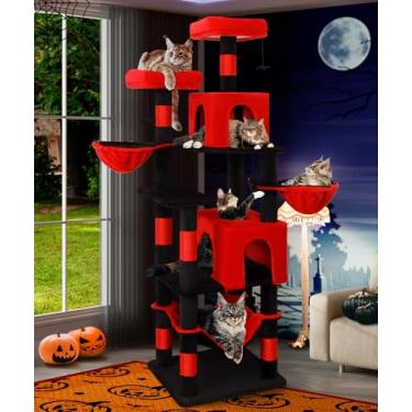 Imagem de AMHANCIBLE Árvore gótica para gatos, 177 cm de altura para gatos adultos em ambientes internos, grande torre multinível com poste para arranhar, rede, condomínios, cesta suspensa, centro de atividades