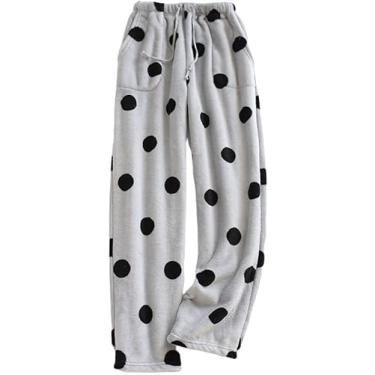 Imagem de Calças De Pijama De Lã Fofa Para Mulheres, Calças Florais Aconchegantes E Macias Com Bolsos E Cordão, Calças De Moletom Quentes Para O Inverno, Pijamas Para Mulheres Loungewe, Black spots, M