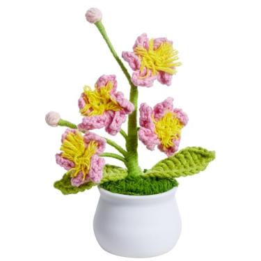 Imagem de NUKAYAI Flores de crochê, feitas à mão, rosa, tricotadas, flores de cerejeira, vaso de plantas, presente para mulheres, formatura, aniversário, Natal, Natal, decoração para mesa, casa, escritório
