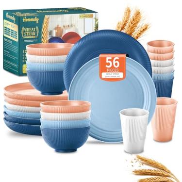 Imagem de Hommaly Conjuntos de louça de palha de trigo, 56 peças de pratos e tigelas para 8 unidades, inquebráveis, reutilizáveis, prato de jantar, tigela de cereal, xícara/utensílios, pode ser lavado no